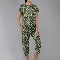 Zeyo Women Olive Green Printed Night suit-image-0