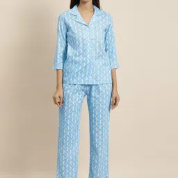 YASH GALLERY Women Blue & White Printed Night suit-image-89