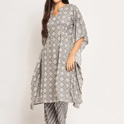The Kaftan Company Ethnic Motifs Printed Longline Kaftan With Pyjamas-18
