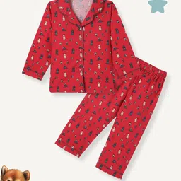 FUNKRAFTS Kids Conversational Printed Lapel Collar Long Sleeves Pure Cotton Night suit-11