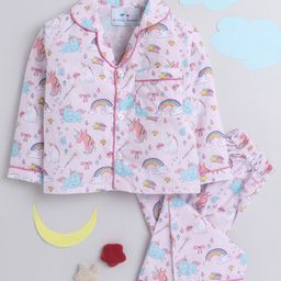 Knitting Doodles Kids Pink & Blue Striped Cotton Blend Night suit-image-73