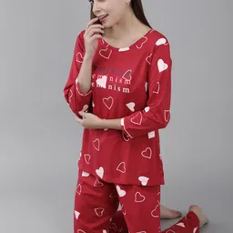 Zeyo Women Maroon & Pink Printed Night suit-image-67