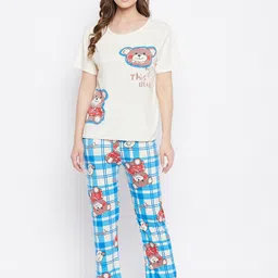 Camey Women Cream & Blue Printed Night Suit-image-88