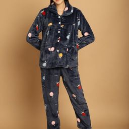 TAG 7 Women Navy Blue Cartoon Print Warm Fur Night Suit-picture-45