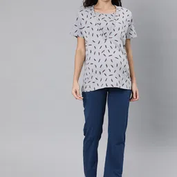 Nejo Women Grey & Blue Printed Maternity Night suit-10