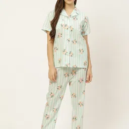 Rapra The Label Women White & Sea Green Cotton Floral Print Night suit With An Eye Mask-image-79