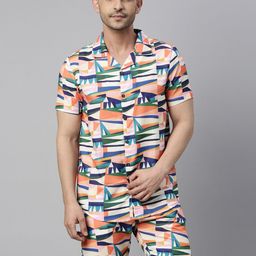 Bushirt Men Cream-Coloured & Pink Printed Night Suit-9