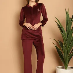 Aerowarm Mandarin Collar Long Sleeves Velvet Top With Pyjamas-image-110