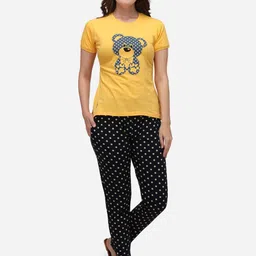 Lenissa Women Mustard Yellow & Black Printed Night suit-image-80