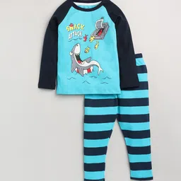 Lazy Shark Boys Turquoise Blue & Black Printed Night suits-82