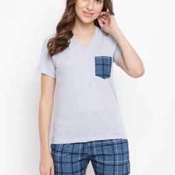 La Intimo Women Grey & Blue Checked Pure Cotton Night suit-image-26