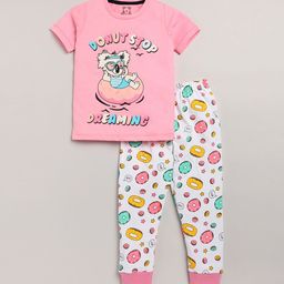 Lazy Shark Girls Pink & White Printed Night suit-58