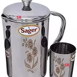SRE SR STAINLESS STEEL 1 PC FLOWER PRINT NOB JUG AND 1 PC FLOWER PRINT STRAIGHT GLASS-COMBO PACK OF 2 PCS. Jug Glass Tray Set-image-8