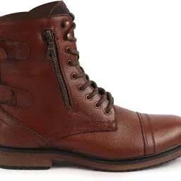 High Ankle Genuine Leather Lace Up Buckle Strap Cap Toe Anti Skid Sole Flat Boots For Men-image-30