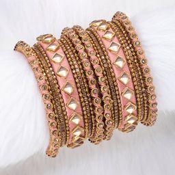Peora Set of 18 Peach-Coloured Gold Plated Silk Thread Kundan Chuda Bangles-66