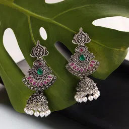 Jazz and Sizzle Silver-Toned Peacock Shaped Jhumkas Earrings-29
