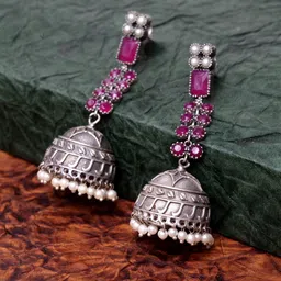 PANASH Silver-Plated & Pink Contemporary Jhumkas-33