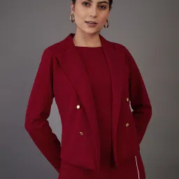 Women Solid Double Breasted Casual Blazer-image-1