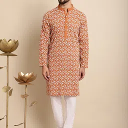 Anouk Orange-Coloured & White Floral Embroidered Thread Work Pure Cotton Kurta Set-picture-35