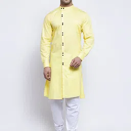 KLOTTHE Men Yellow Angrakha Pure Cotton Kurta with Churidar-image-10