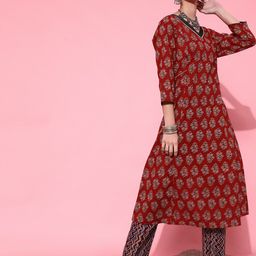 STREET 9 Women Maroon Printed Pure Cotton Kurta with Trousers-image-92