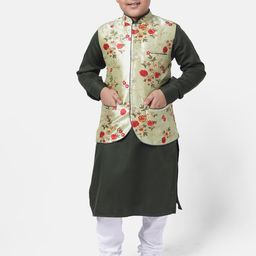 NAMASKAR Boys Green & Black Printed Pure Cotton Kurta with Churidar & Nehru Jacket-14
