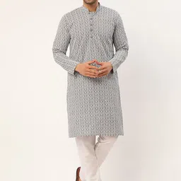 Jompers Men Grey Floral Embroidered Chikankari Pure Cotton Kurta with Churidar-picture-17