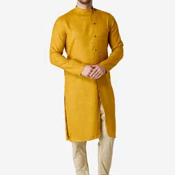 TABARD Men Mustard Yellow & Beige Solid Pure Cotton Kurta with Churidar-picture-0