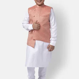 NAMASKAR Boys White Regular Pure Cotton Kurta with Churidar & With Nehru Jacket-picture-3