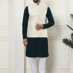 SOJANYA Checked Woven Design Pure Cotton Kurta With Churidar & Embroidered Nehru Jacket-picture-12