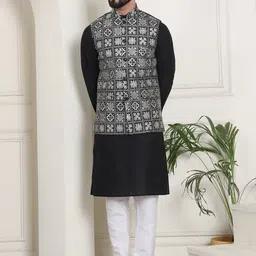 SOJANYA Mandarin Collar Pure Cotton Kurta With Churidar & Embroidered Nehru Jacket-39