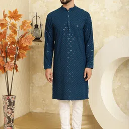 SOJANYA Geometric Embroidered Mandarin Collar Sequinned Pure Cotton Kurta with Churidar-image-52