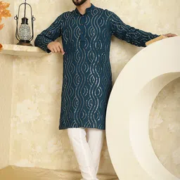 SOJANYA Quirky Embroidered Sequinned Band Collar Pure Cotton Kurta With Churidar-picture-23