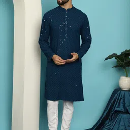 SOJANYA Geometric Embroidered Mandarin Collar Long Sleeves Pure Cotton Kurta With Churidar-image-79