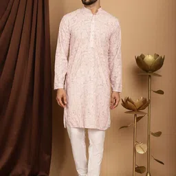 SOJANYA Floral Printed Band Collar Thread Work Regular Pure Cotton Kurta with Churidar-picture-15