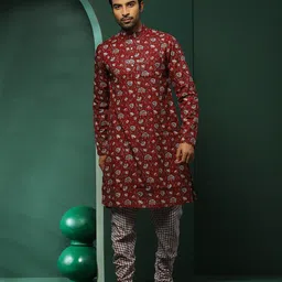 AKS Mandarin Collar Floral Printed Regular Pure Cotton Straight Kurta with Churidar-picture-16