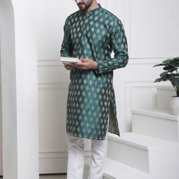 SOJANYA Men Green Woven Design Kurta with Churidar-image-98