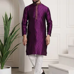 SOJANYA Men Purple & Off-White Self Design Kurta with Churidar-picture-34