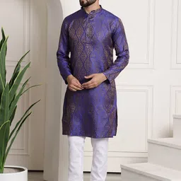 SOJANYA Men Blue & Golden Ethnic Motifs Woven Design Kurta with Churidar-image-81