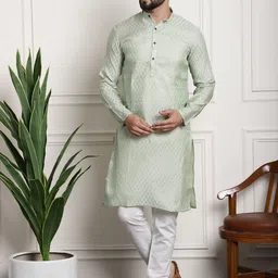 SOJANYA Men Green & Off-White Woven Design Kurta with Churidar-image-27