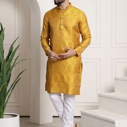 SOJANYA Men Mustard Yellow & Off-White Woven Design Kurta with Churidar-39