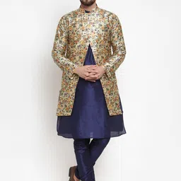 Kaifoo Men Navy Blue Floral Printed Ethnic Kurta with Churidar-image-36