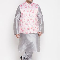 VASTRAMAY Men Grey Floral Kurta with Churidar With Nehru Jacket-picture-12