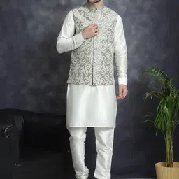 Jompers Mandarin Collar Embroidred Nehru Jacket With Kurta Pyjama-image-45