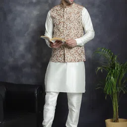 Jompers Mandarin Collar Embroidred Nehru Jacket With Kurta Pyjama-image-44