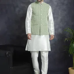 Jompers Mandarin Collar Printed Nehru Jacket With Kurta Pyjama-12