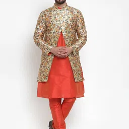 Kaifoo Men Red Solid Silk Blend Kurta with Churidar & Jacket-image-4