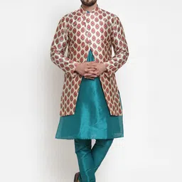 Kaifoo Men Teal Printed Layered Kurta with Pyjamas-22