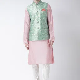 KISAH Men Green & Pink Kurta With Churidar & With Floral Printed Jacket-51