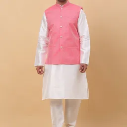 KRAFT INDIA Mandarin Collar Kurta With Churidar & Striped Sequinned Nehru Jacket-image-86